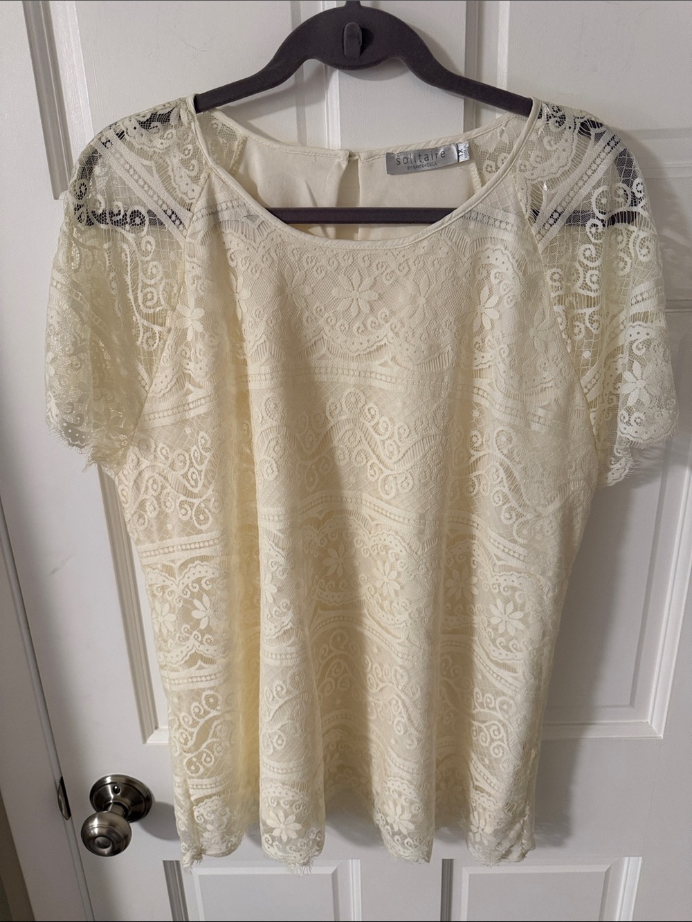 Solitaire Romantic Cream Floral Lace Overlay Short Sleeve Lined Blouse Top 1X